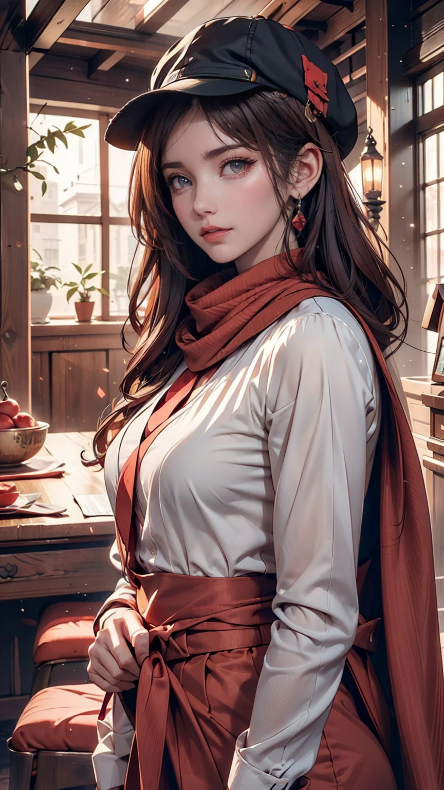 Arabian woman with long hair wearing hat and scarf, Black Hair、Iris、Red inner color((colored inner hair))、Cover your mouth with a scarf、Realistic Digital Art 4K, Realistic Digital Art 4K, Soft Portrait Shot 8k, photoRealistic art style, photoRealistic beautiful face, Cinematic realistic portraits, Beautiful digital art, Realistic beautiful face, Realistic art style, 3d rendering character art 8k, Beautiful realistic face, Amazingly realistic graphics