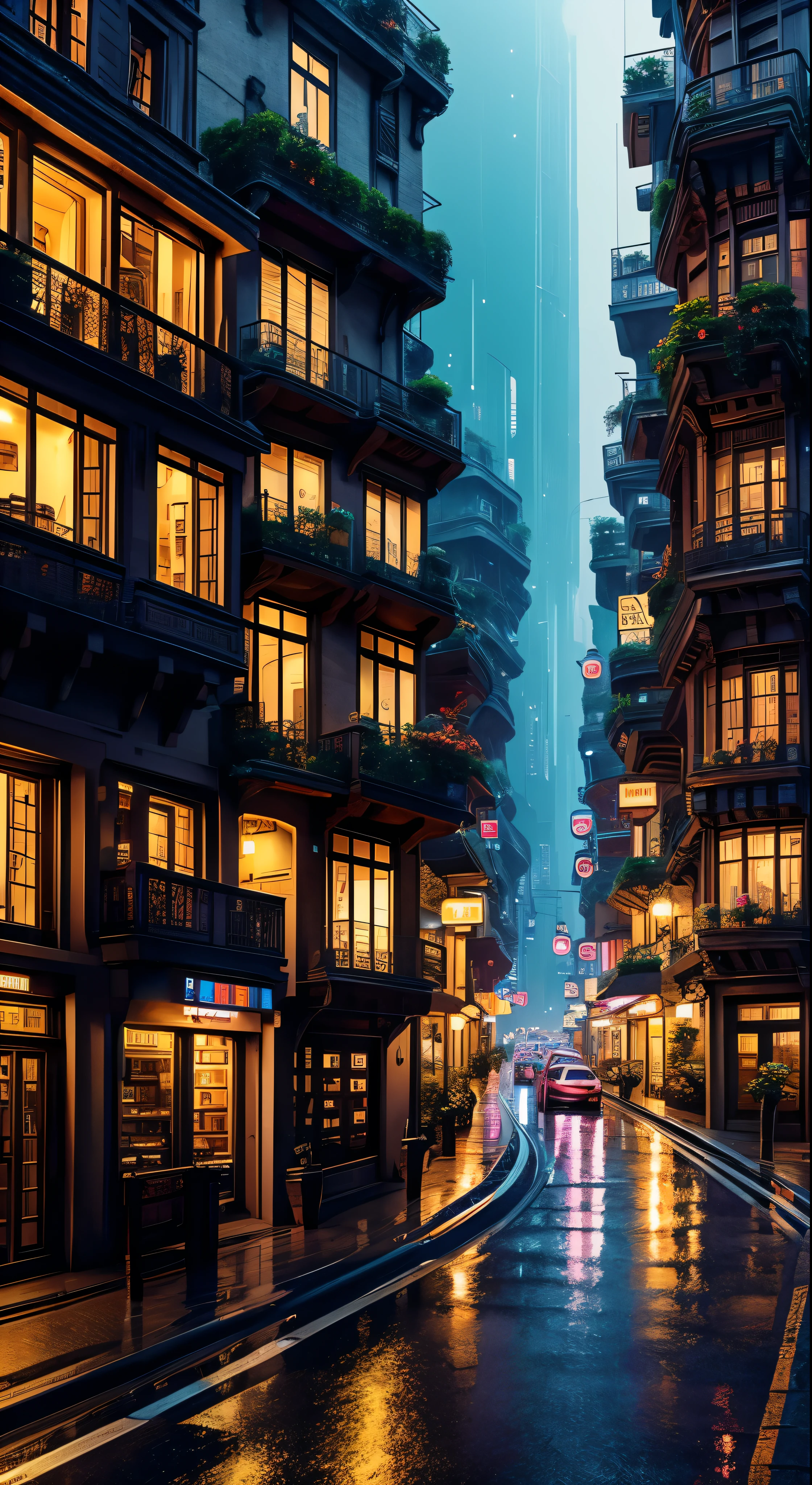 ((Highest quality))、((high detail))、((Real、))Futuristic City、Deep canyon in the middle、Architectural Street、Bazaar、bridge、cyber punk、European architecture、Rainy night、neon、Futuristic Motorcycle