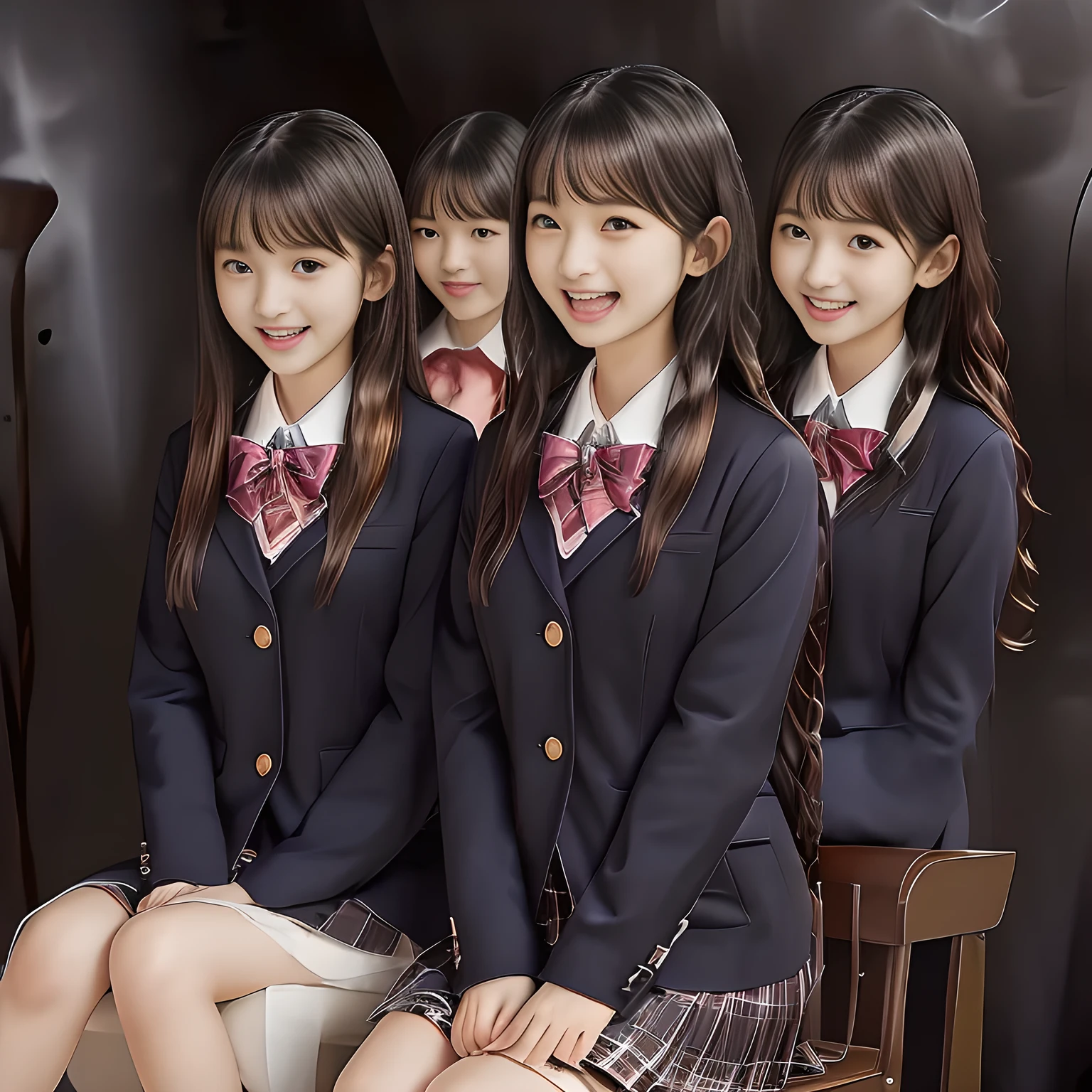 (Highest quality, masterpiece:1.2), Highest quality, High resolution, 1080P, 8k, height: 158cm, super long black hair, ((Seven noble, graceful and intelligent 14yo Japanese young long hair idles who have a best proportion are seated and singing religious hymn chorus with opening their mouth, all of them are watching at me!: 1.5)), ((So sweet, very noble, neat, and pretty 14yo Japanese beautiful fashion magazine models are surrounding me and looking gracefully at me: 1.6)), ((All of them are looking directly at me,)) ((((Very pure white face and limbs)))), Glossy Lips, (Evenly cut curled bangs), ((Very beautiful, droopy, cute, pure, noble, intelligent brown eyes with detailed: 1.6)), ((Gorgeous and very wavy super long black hair, super very long wavy black hair, beautiful wavy hair like a princess: 1.8)), (Very shiny, glossy Lips), Watch at you, ((Incredibly well organized, Rich facial expressions)), ((Plump and beautiful white skin and face)), ((Pure, clear, gentle brown eyes)), ((staring at me)), Glossy Lips, ((Noble and elegant)), ((Large upward-curving lips)), ((((Navy gorgeous Japanese school blazer with noble golden emblem)))), ((Navy and sapphire blue Japanese school gorgeous uniform)), ((Tartan check pattern dark blue and navy pleated gorgeous skirt with beautiful white fat calf: 1.0)), ((Blue gloss chest ribbon: 1.0)), ((((An ecstatic expression of boundless joy)))), (((Beauty and fashion magazine for young girls))), ((Cute beautiful knees)), ((Well-shaped ample breasts)), ((Tilting his head and smiling)), ((Plain darkness background: 1.5)), (Singing in religious happiness and inviting me to the happiness with them: 1.0), ((Too beautiful women to stop falling into them: 1.6)), ((They are in fact succubi and seated with strong religious temptation)), Shooting from the side