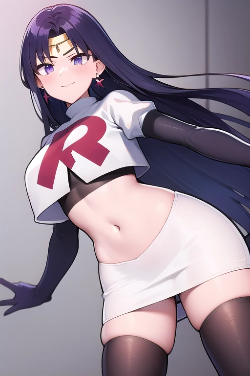 ReiHino, long hair, circlet, jewelry, kizukiAI, mature woman, crescent earrings, team rocket,team rocket uniform,white skirt,red letter R,crop top,black thigh-highs,black elbow gloves, earrings,