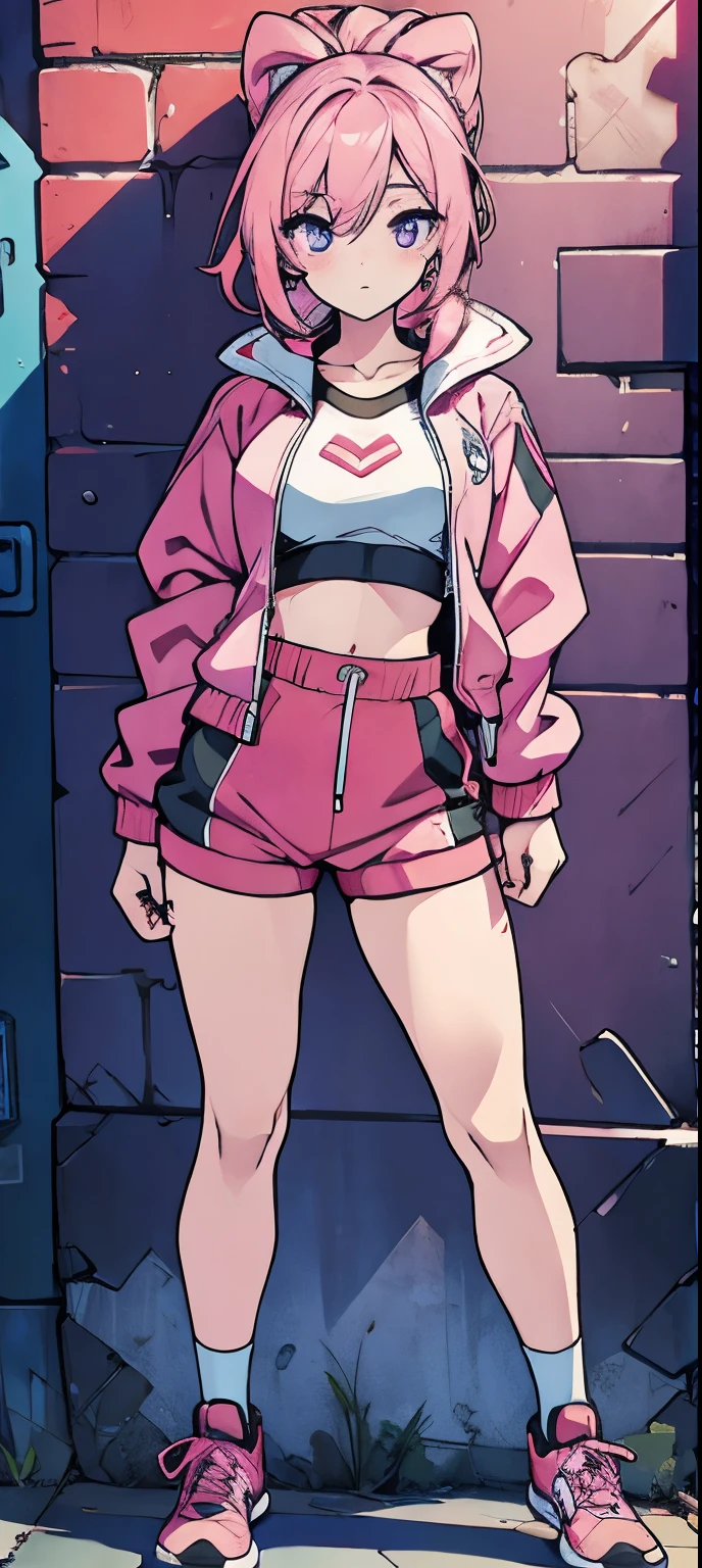 (masterpiece, best quality, 1girl, solo, intricate details, chromatic aberration), realistic, ((medium breath)),long hair, pink hair, red head ornament, pink highlights, hair over one eye,purple eyes, earrings, sharp eyes, choker, neon shirt, open jacket, crop top, (symmetry eyes),(perfect symmetrical body),against wall, brick wall, graffiti, dim lighting, alley ,look at viewer, woman at a gym, cute, front Pose, fitness girl, standing, erect Pose, symetrical, fitness model, skinny, Red sneakers, best qualityer, relaxed arms, hands down, ankle, fullbody view, stand straight with your back upright. Keep your shoulders back and maintain a straight line from your head to your feet, symmetrical frontal view, face aligned, 