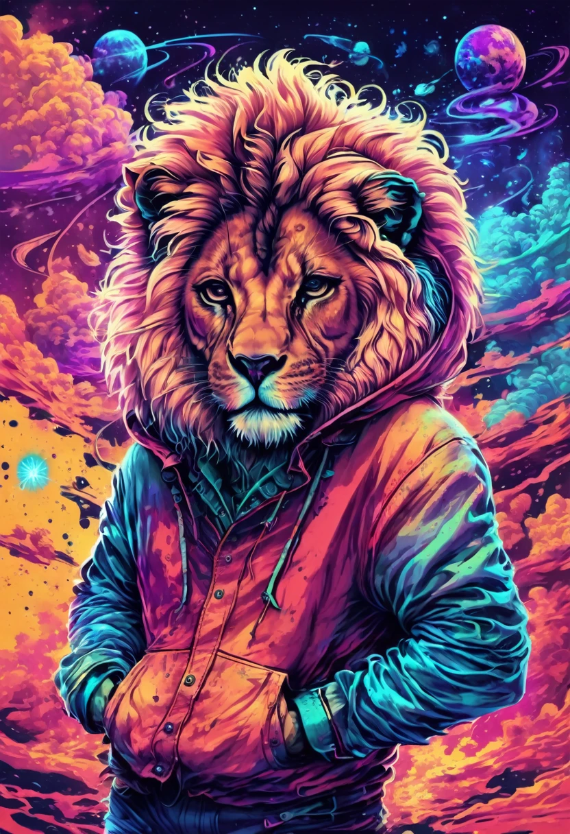 Time Traveler,A Lion that transcends time and space.、 Here, and future.、fine art、chilling、wearing hoodies、beautiful posture、beautiful long colored hair、Topic depth、detailed representation、mesa、(Flat colors:1.3)、(colorful:1.8)、
