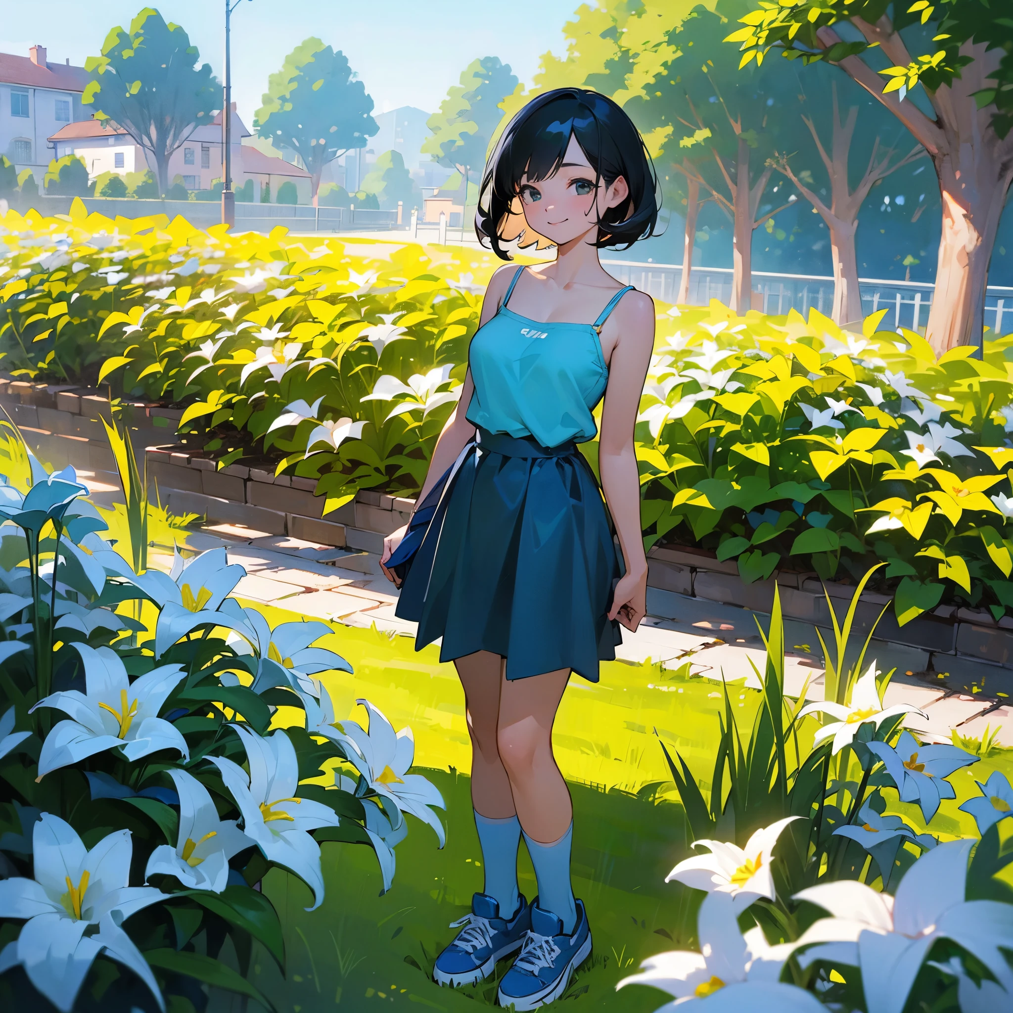 (high quality, High resolution, Very detailed, reality:1.37), Peaceful atmosphere, (Outdoor, garden), Teenage girl standing alone, (my breasts are big.), Beautiful details, Cute Smile, (Black bob hair), camisole, Blue Skirt, Blue socks, sneakers.
