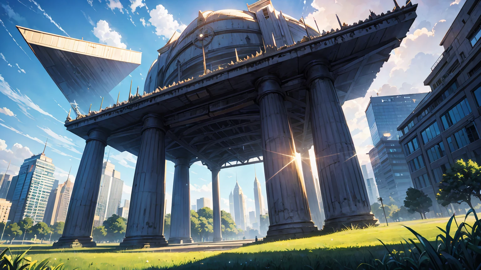 a colossal megastructure cubic in the land, centered on the sky, bright blue sky, dramatic lighting