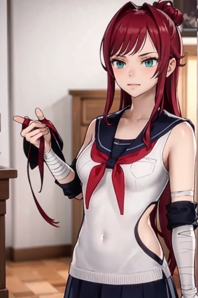 yandere_style, (1girl:1.3),, ultra detailed, masterpiece, best quality, aesthetic, detailed,, ultra detailed, masterpiece, best quality, solo, smirk, 1girl, red hair, teal eyes, bandage on face, bandage arms, long hair, styled hair