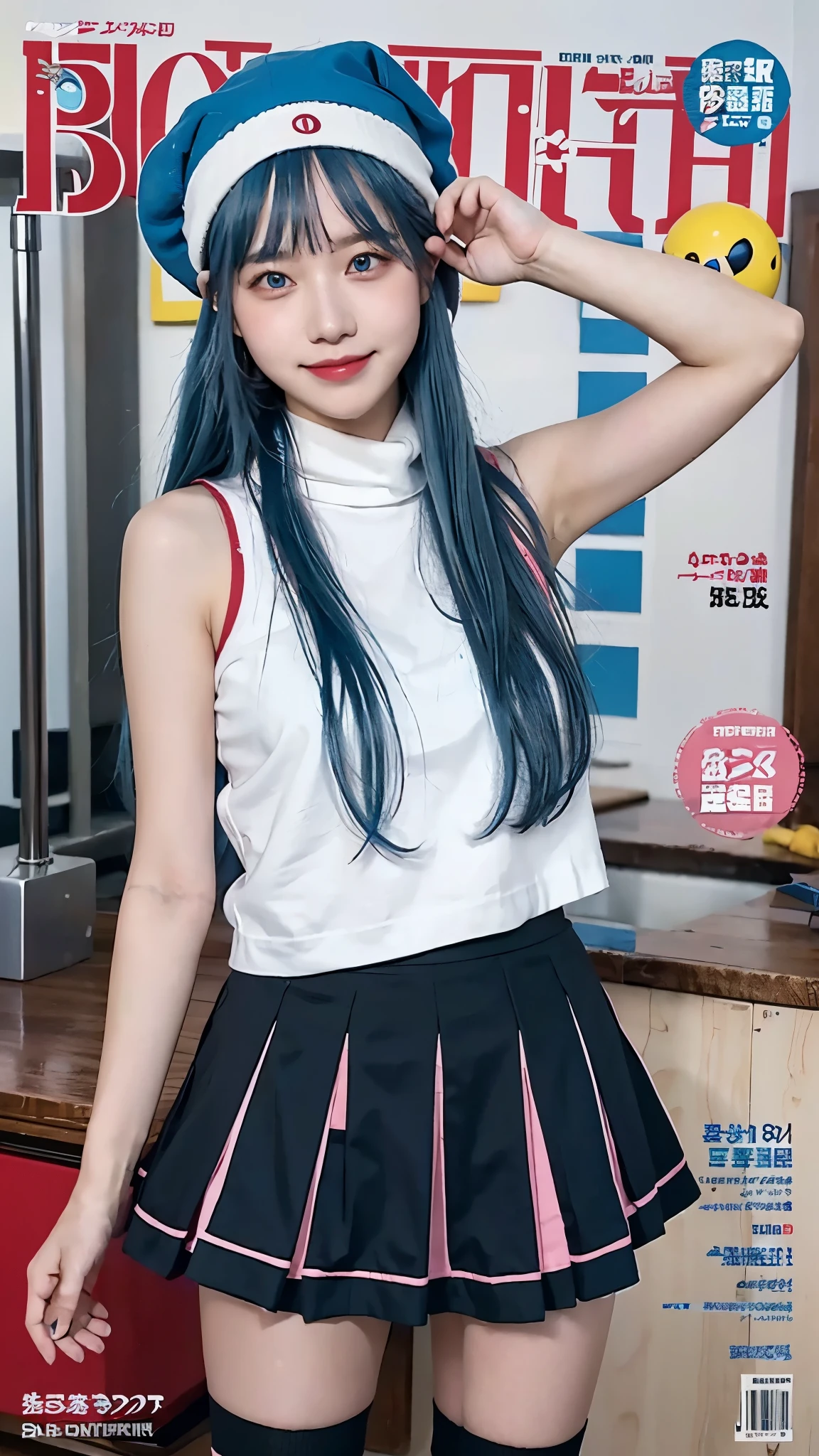 zzDawn, blue hair, blue eyes, sidelocks, long hair,, zzDawn, blue hair, blue eyes, sidelocks, long hair, bare shoulders, beanie, black shirt, black socks, bracelet, hat, jewelry, kneehighs, miniskirt, pink skirt, red scarf, scarf, shirt, skirt, sleeveless, sleeveless shirt, white headwear, printed panties, upskirt, skirt lift, panties with pokeball patterns, grinning, wink, magazine cover