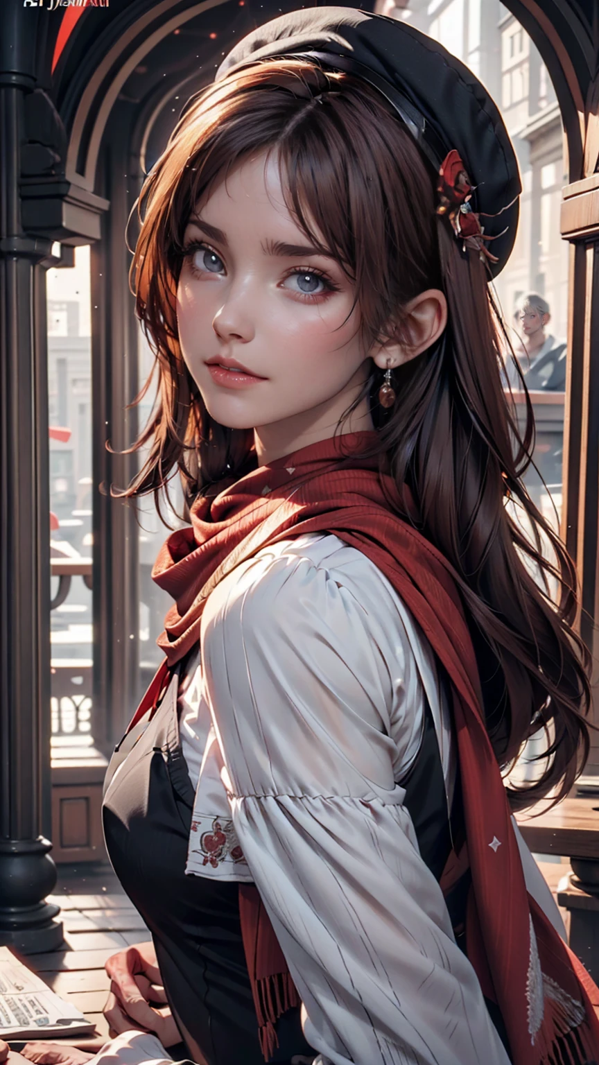 Arabian woman with long hair wearing hat and scarf, Black Hair、Iris、Red inner color((colored inner hair))、Cover your mouth with a scarf、Realistic Digital Art 4K, Realistic Digital Art 4K, Soft Portrait Shot 8k, photoRealistic art style, photoRealistic beautiful face, Cinematic realistic portraits, Beautiful digital art, Realistic beautiful face, Realistic art style, 3d rendering character art 8k, Beautiful realistic face, Amazingly realistic graphics