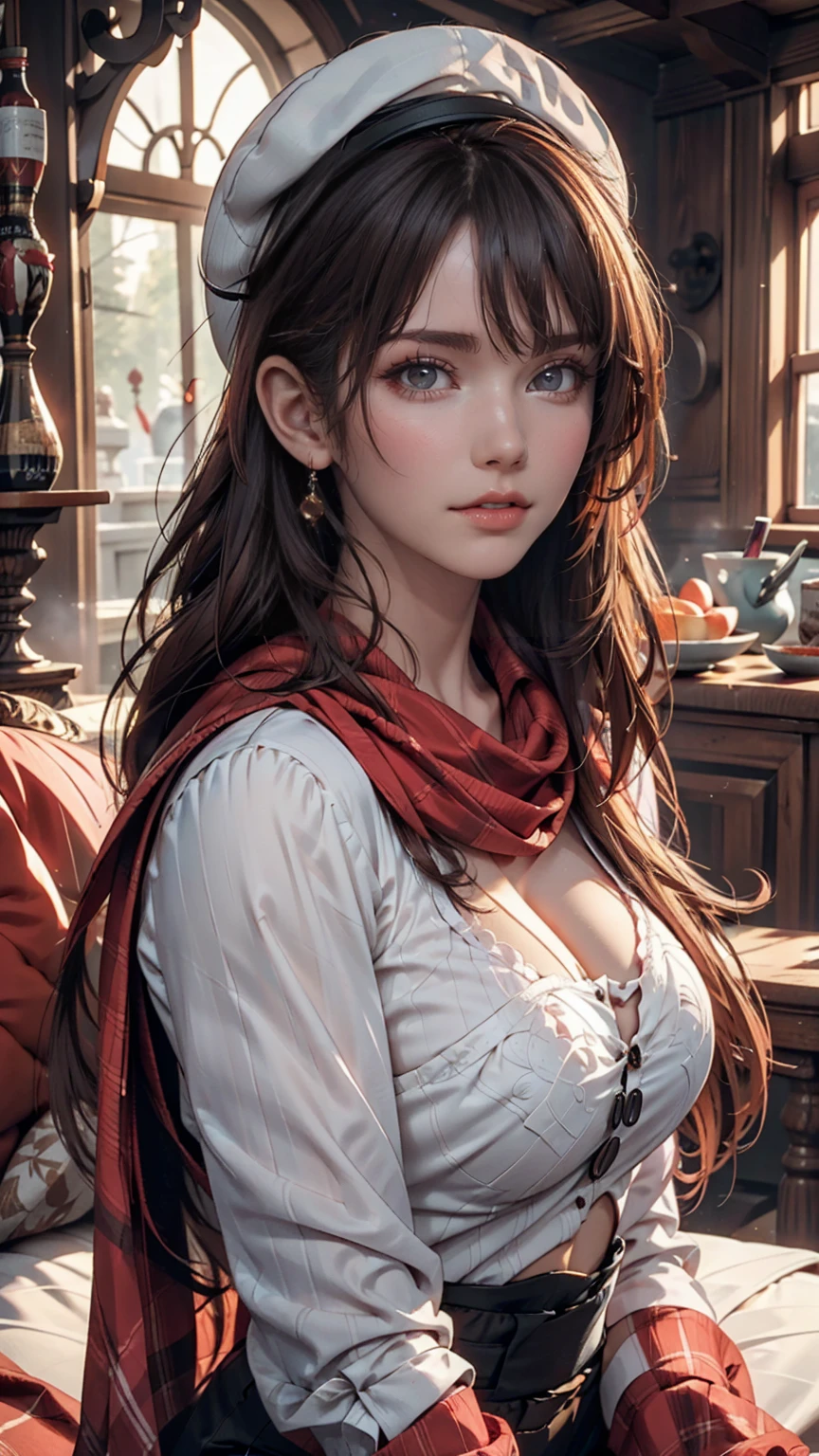 Arabian woman with long hair wearing hat and scarf, Black Hair、Iris、Red inner color((colored inner hair))、Cover your mouth with a scarf、Realistic Digital Art 4K, Realistic Digital Art 4K, Soft Portrait Shot 8k, photoRealistic art style, photoRealistic beautiful face, Cinematic realistic portraits, Beautiful digital art, Realistic beautiful face, Realistic art style, 3d rendering character art 8k, Beautiful realistic face, Amazingly realistic graphics