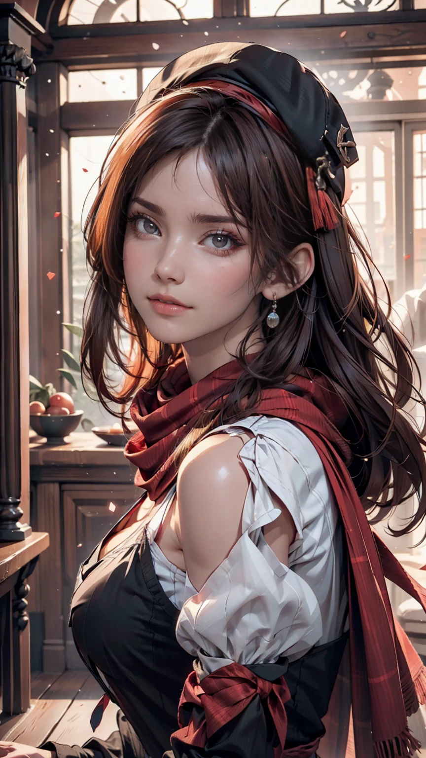 Arabian woman with long hair wearing hat and scarf, Black Hair、Iris、Red inner color((colored inner hair))、Cover your mouth with a scarf、Realistic Digital Art 4K, Realistic Digital Art 4K, Soft Portrait Shot 8k, photoRealistic art style, photoRealistic beautiful face, Cinematic realistic portraits, Beautiful digital art, Realistic beautiful face, Realistic art style, 3d rendering character art 8k, Beautiful realistic face, Amazingly realistic graphics
