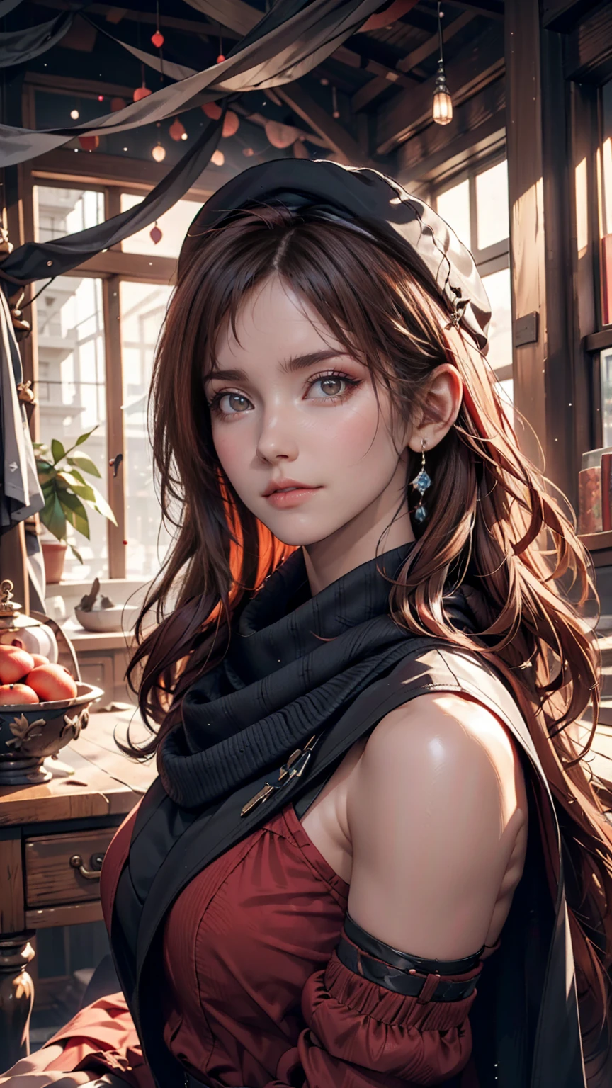 Arabian woman with long hair wearing hat and scarf, Black Hair、Iris、Red inner color((colored inner hair))、Cover your mouth with a scarf、Realistic Digital Art 4K, Realistic Digital Art 4K, Soft Portrait Shot 8k, photoRealistic art style, photoRealistic beautiful face, Cinematic realistic portraits, Beautiful digital art, Realistic beautiful face, Realistic art style, 3d rendering character art 8k, Beautiful realistic face, Amazingly realistic graphics