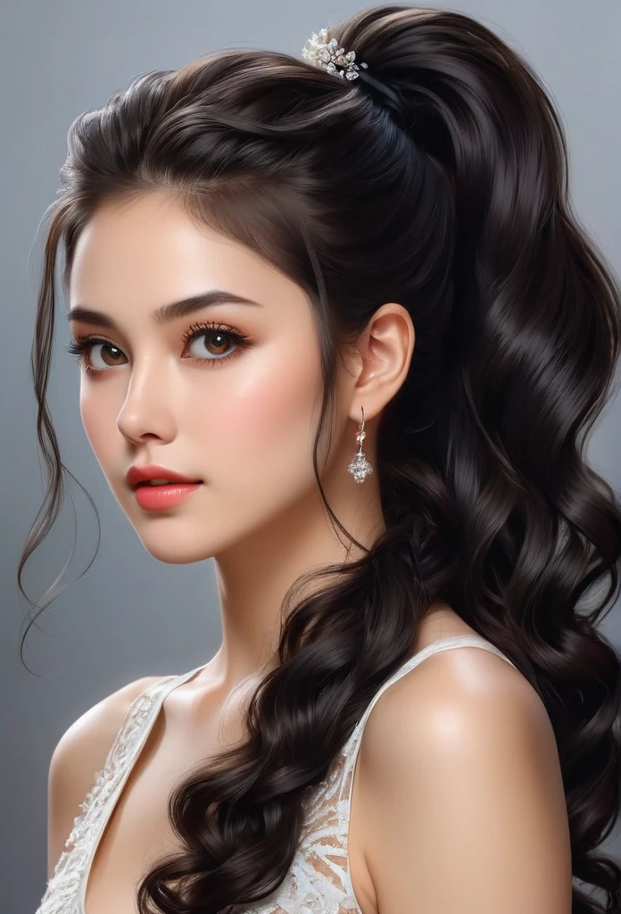 /imagine prompt: Beautiful realistic woman extremely detailed and beautiful, woman with long black wavy hair, with her hair tied in a stylish ponytail, photo of a beautiful woman, wavy hair, beautiful young woman with black eyes, beautiful woman, ((eyes slanted upwards)), a 25-year-old young woman with an extremely beautiful and delicate face
:: --quality .5 8K, best quality, Art, illustration, extremely delicate and beautiful, Very detailed, CG, wallpaper, (real, photo-real:1.37 ), amazing, elegant and sweet, exquisite details