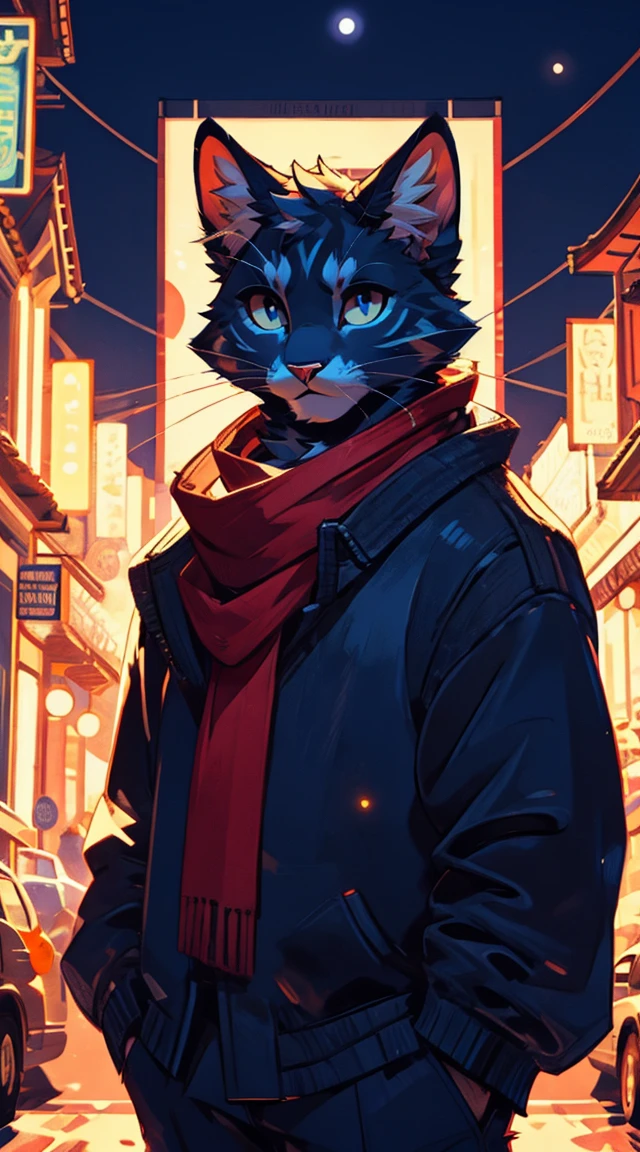 a complete body, Anthropomorphic adult cat wearing a blue hoodie., pants and a red scarf around the neck, beautiful face , posing for a photo on a hill at night with a city in the distance