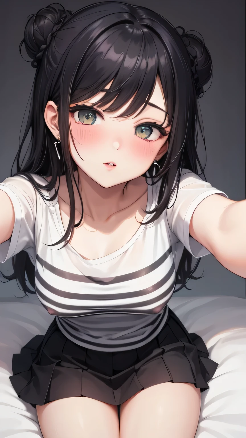 Amazing portrait of a sexy woman with a beautiful face with seductive eyes looking intensely at me with her soft lips parted in anticipation of a kiss that makes her blush intensely her lips are also curved in a soft smile she has her delicious black hair in a cute bun wearing a black and white striped t-shirt and a dark green skirt paired with some elegant earrings, her t-shirt showing her medium chest and perfect body, legs spread open, whole body, playing with the vagina, shy, hetero, open vagina, legs spread open, detailed nipple