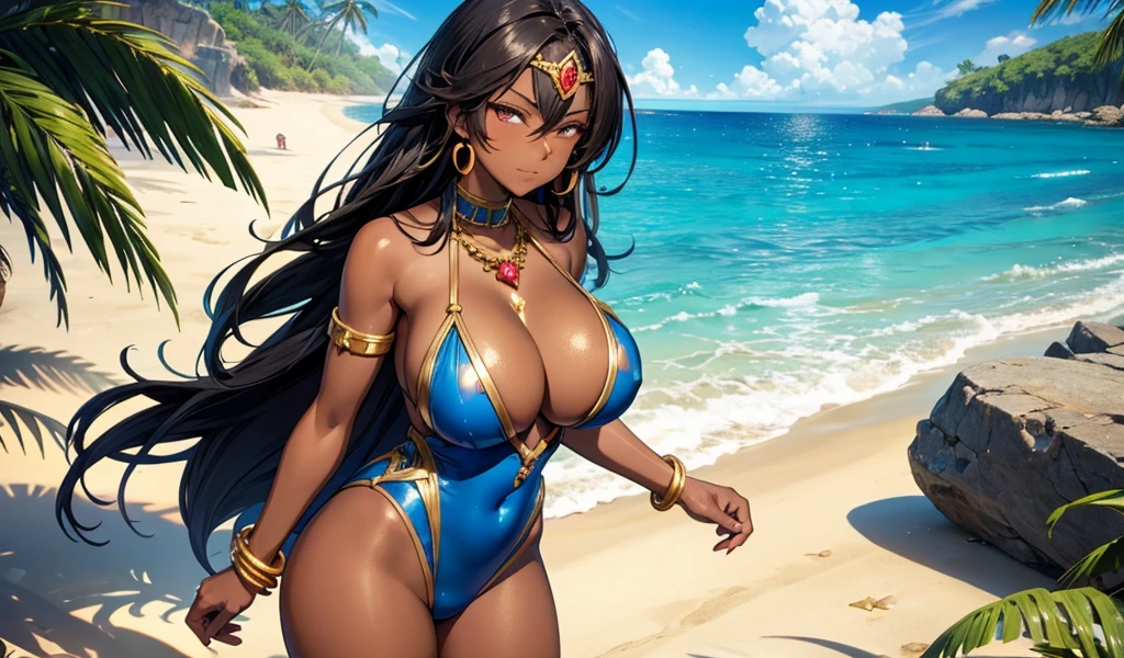 Dark-skinned adult woman with long straight hair, huge breasts,gold ruby head chain,Squinting eyes,Bare shoulders,Bracelet,Blue swimsuit,cleavage,thigh,Standing,Sunlight,on the beach