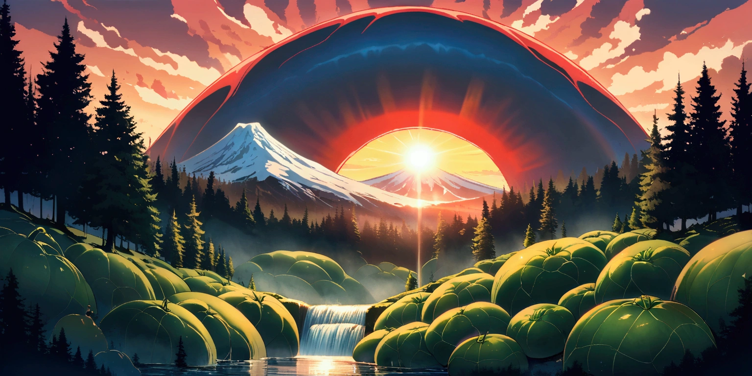 ultra wide landscape flooded with light moebius style, giant tomato, sun, mt hood, waterfall, forest