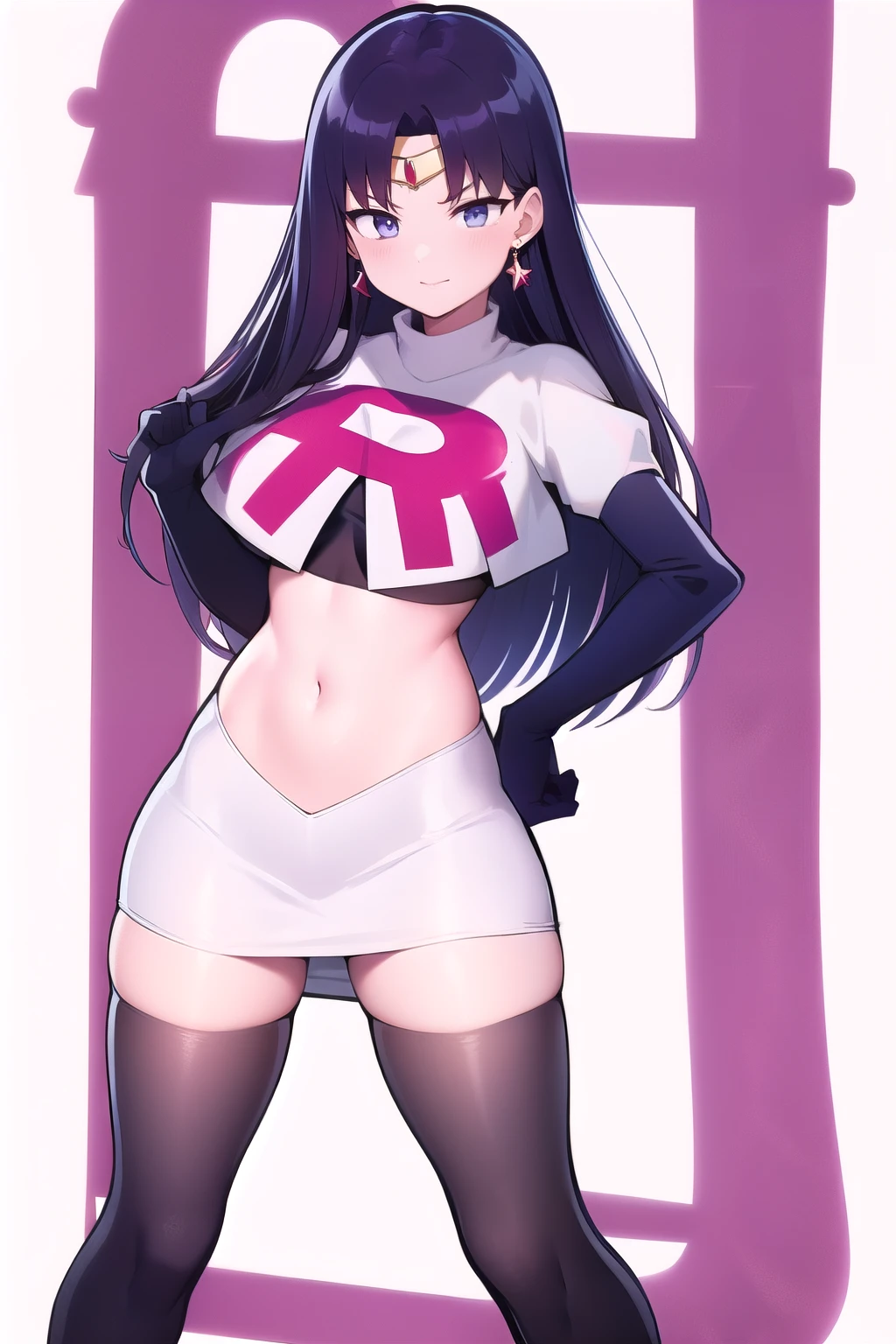 ReiHino, long hair, circlet, jewelry, kizukiAI, mature woman, crescent earrings, team rocket,team rocket uniform,white skirt,red letter R,crop top,black thigh-highs,black elbow gloves, earrings,