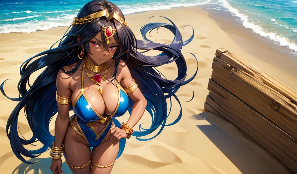 Dark-skinned adult woman with long straight hair, huge breasts,gold ruby head chain,Squinting eyes,Bare shoulders,Bracelet,Blue swimsuit,cleavage,thigh,Standing,Sunlight,on the beach