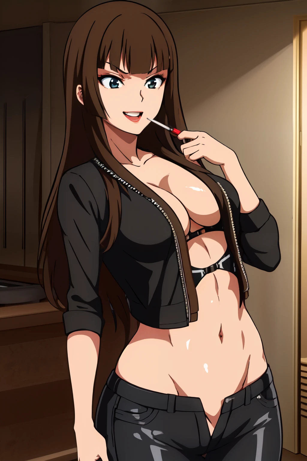 brown hair,long hair,yumi sayaka, blush, lipstick, Hot girl, baddie, staring, glaring, bad attitude, mean girl, crazy, smoking, sensual, attractive, bar background, inside bar, indoor, masterpiece, best quality, highly detailed, a girls with a gun, evil smile , open mouth, sexy gaze, badass
pose , evil smile, smile, (nsfw) not safe for work, guns blazing, anime girl with long hair, beautiful long
haired girl, navel, evil expression, exposed belly, exposed navel, exposed midriff, exposed lower belly,
long black pants, crop top, cleavage, unbuttoned leather pants ,open fly, low rise black leather pants,
leather jacket, holding a gun, holding pistol, open
arms sideway, arms T-pose, smirk, standing, anime girl T posing