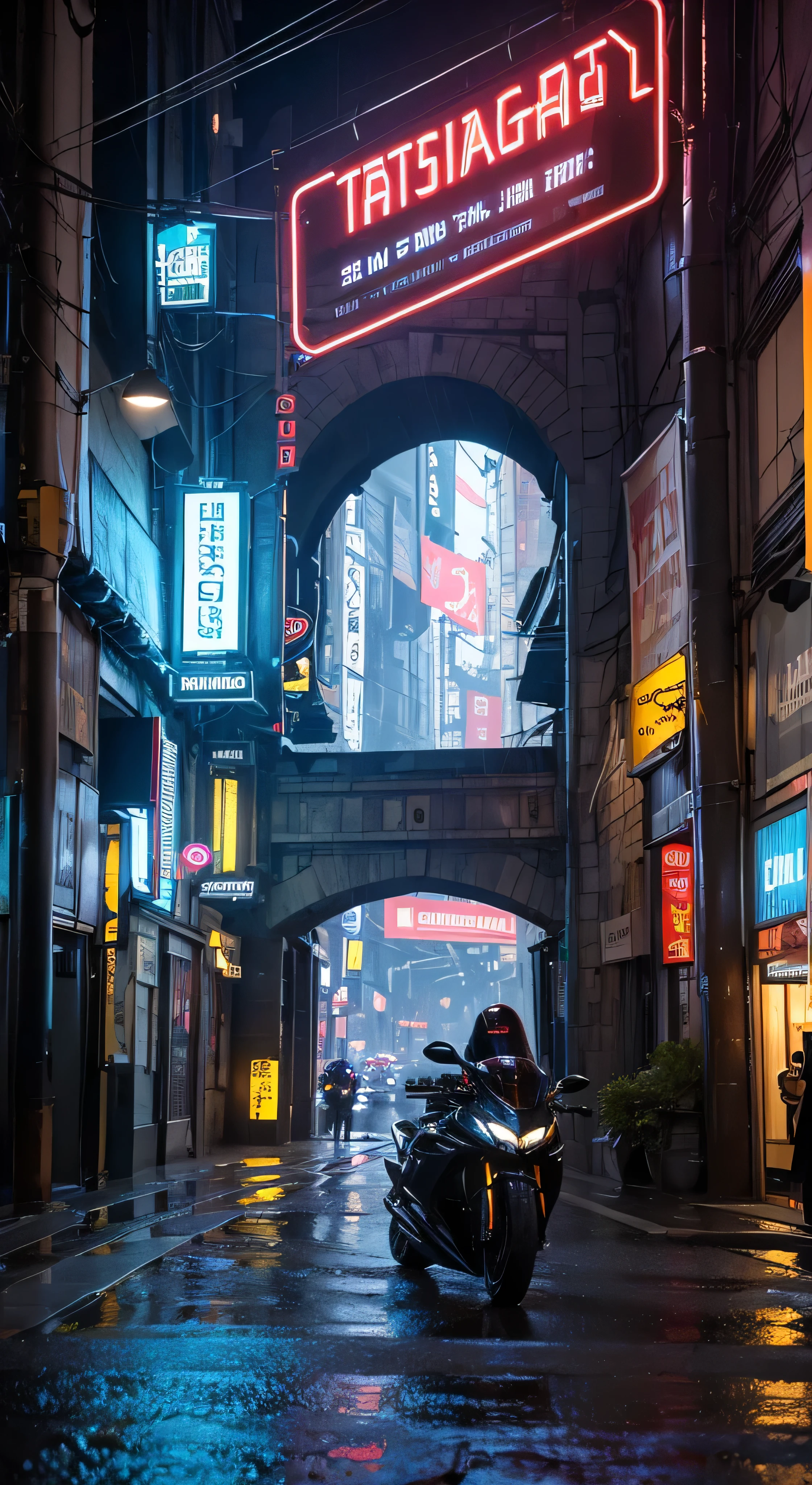 ((Highest quality))、((high detail))、((Real、))Futuristic City、Deep canyon in the middle、Architectural Street、Bazaar、bridge、cyber punk、European architecture、Rainy night、neon、Futuristic Motorcycle