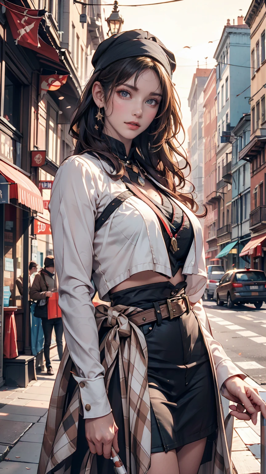 A woman wearing a bandit bandana,coming out of a cigarettescreen on a city street,The pioneering days of America）Western Region,Villain,cigarette,Dust,artwork,3d,4K,detailed,Realistic
