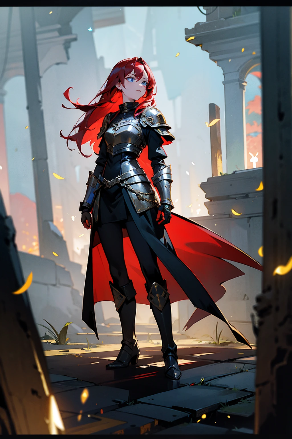 1female, ruby red hair, blue eyes, wearing a black and gold armored dress, leather boots, standing on a path, ancient ruins with glowing runes and fireflies, masterpiece, 8k.