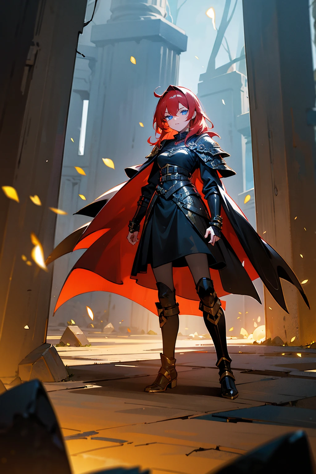 1female, ruby red hair, blue eyes, wearing a black and gold armored dress, leather boots, standing on a path, ancient ruins with glowing runes and fireflies, masterpiece, 8k.