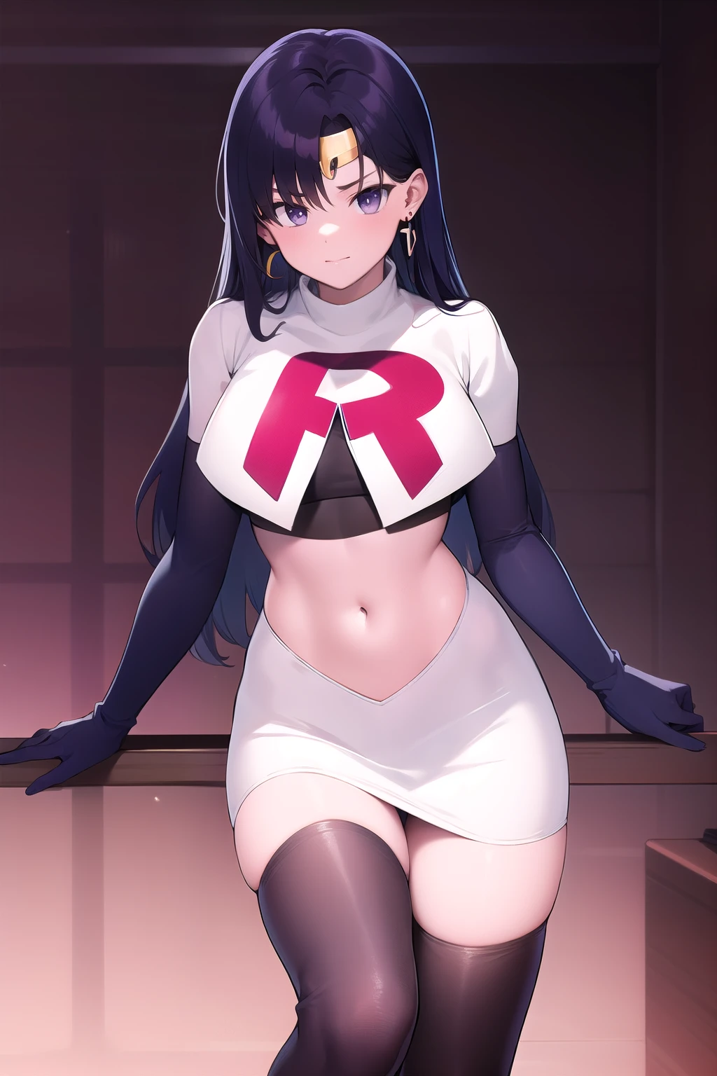 ReiHino, long hair, circlet, jewelry, kizukiAI, mature woman, crescent earrings, team rocket,team rocket uniform,white skirt,red letter R,crop top,black thigh-highs,black elbow gloves, earrings,