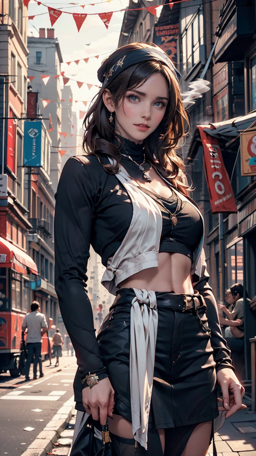 A woman wearing a bandit bandana,coming out of a cigarettescreen on a city street,The pioneering days of America)Western Region,Villain,cigarette,Dust,artwork,3d,4K,detailed,Realistic
