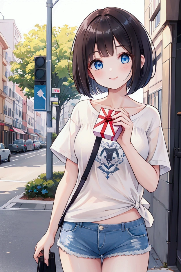Photorealistic、Highest quality、Highest Resolution、Highest quality、16K、A beautiful woman holding a gift、Cute face、Bob cut hair、Dark Hair Color、Pale blue eyes、Beautiful breasts、Casual T-shirts、Casual shorts、In the sunny city、Give a gift、smile、looks fun、