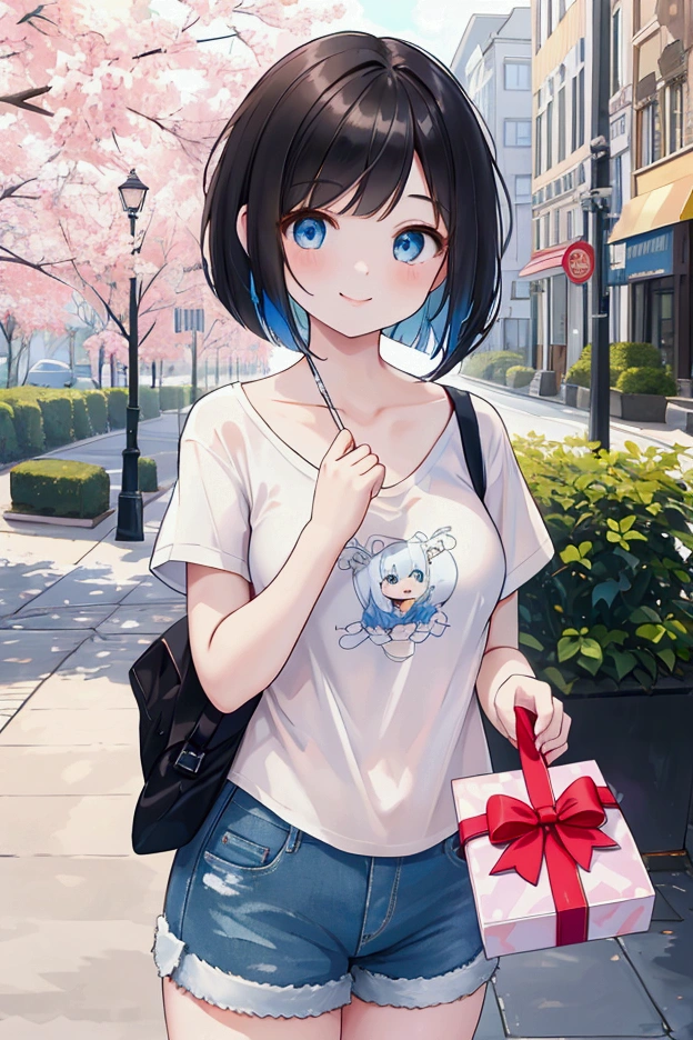 Photorealistic、Highest quality、Highest Resolution、Highest quality、16Ｋ、A beautiful woman holding a gift、Cute face、Bob cut hair、Dark Hair Color、Pale blue eyes、Beautiful breasts、Casual T-shirts、Casual shorts、In the sunny city、Give a gift、smile、looks fun、