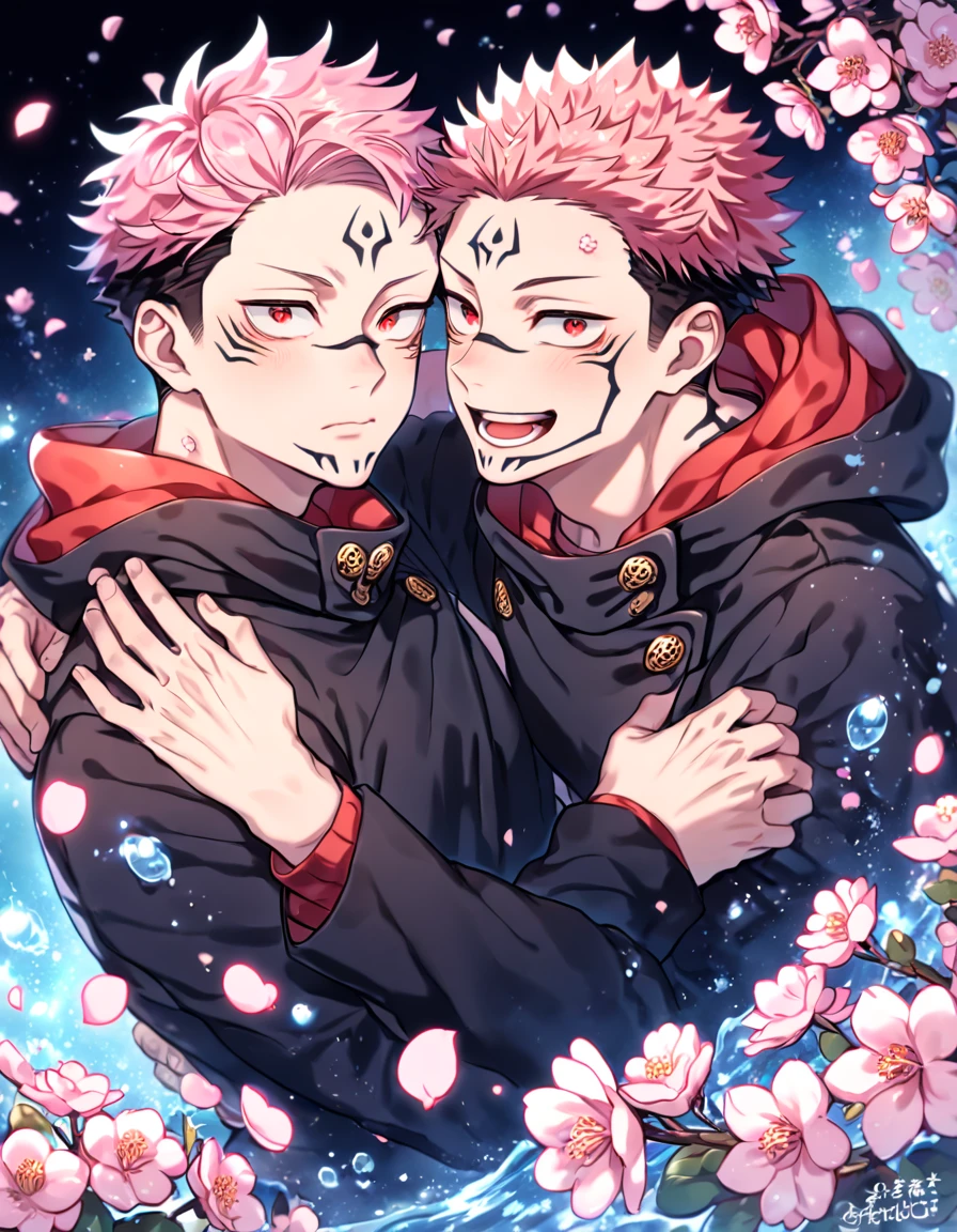 absurdres, highres, ultra detailed, HDR, master piece, Ryoumen Sukuna, pink hair, expressive red eyes, Itadori Yuuji, pink hair, expressive brown eyes, black clothes, Jujutsu Kaisen, two boys together, cute, gay couple, yaoi, love, best quality, blossoms, pink petals, pink flowers, fantasy, magical, blue shining fireflies, water,