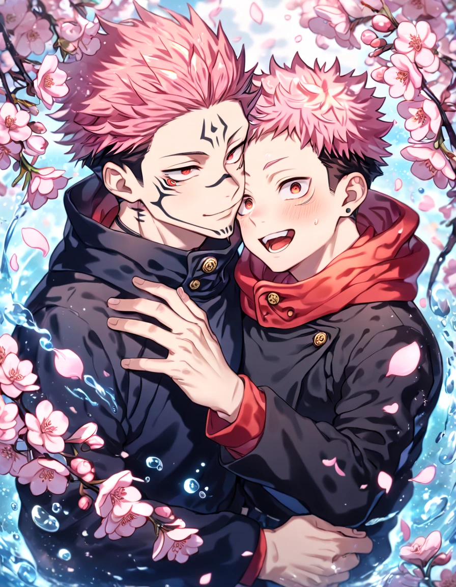 absurdres, highres, ultra detailed, HDR, master piece, Ryoumen Sukuna, pink hair, expressive red eyes, Itadori Yuuji, pink hair, expressive brown eyes, black clothes, Jujutsu Kaisen, two boys together, cute, gay couple, yaoi, love, best quality, blossoms, pink petals, pink flowers, fantasy, magical, blue shining fireflies, water,