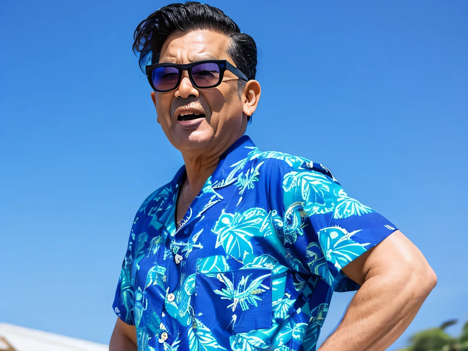 all back、Stubble、cool、50-year-old male、Blue Aloha Shirt、Asian、dandy、shouting、One male、sunglasses