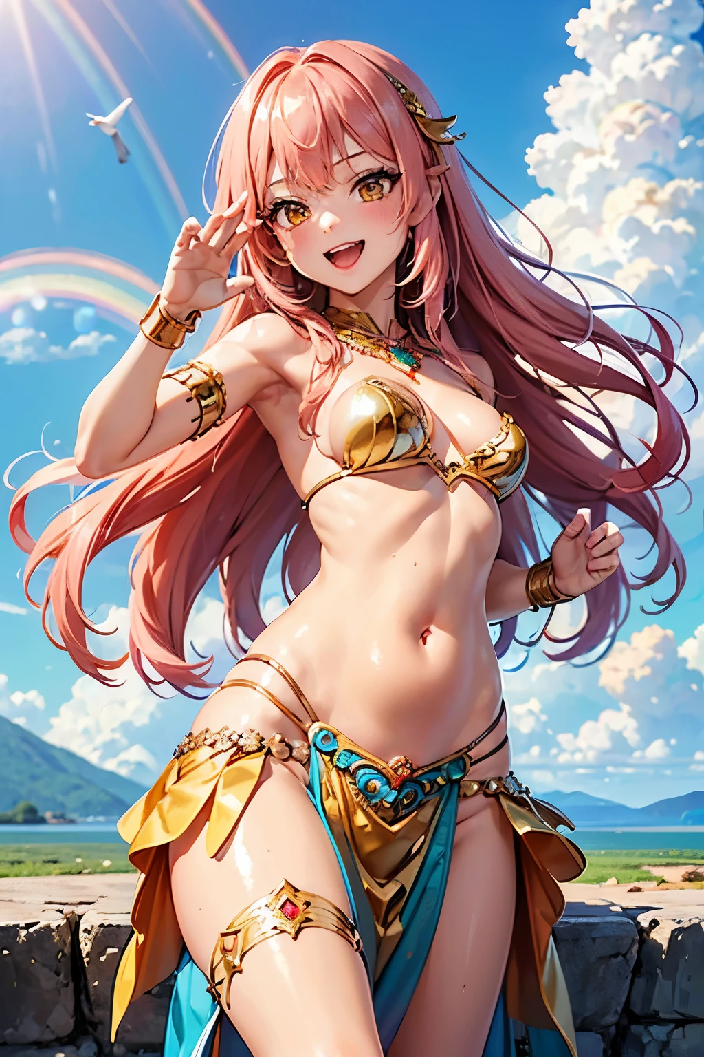 best quality, (masterpiece:1.3), absurdres, highres,16k, ultra high res, official art, illustration,extremely detailed, 1girl, solo, full body, 20yo, 
delicate lines tailed face, (long hair1.2), (straight hair1.8), (beautiful (coral pink) hair:1.2), (shiny hair:1.2), (beautiful (gold) eyes:1.2), (shiny eyes:1.2), (small breasts), (gleaming skin:1.4),

(cowboy shot:1.5), from above
standing, (dynamic pose:1.5), laugh with open mouth,
(bellydancer:1.5), (feather hair ornament)
(((in sky, above on cloud, rainbow, cloud, white bird,)))
