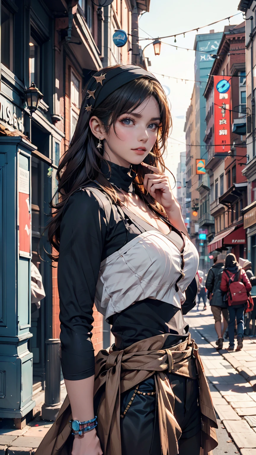 A woman wearing a bandit bandana,coming out of a cigarettescreen on a city street,The pioneering days of America）Western Region,Villain,cigarette,Dust,artwork,3d,4K,detailed,Realistic