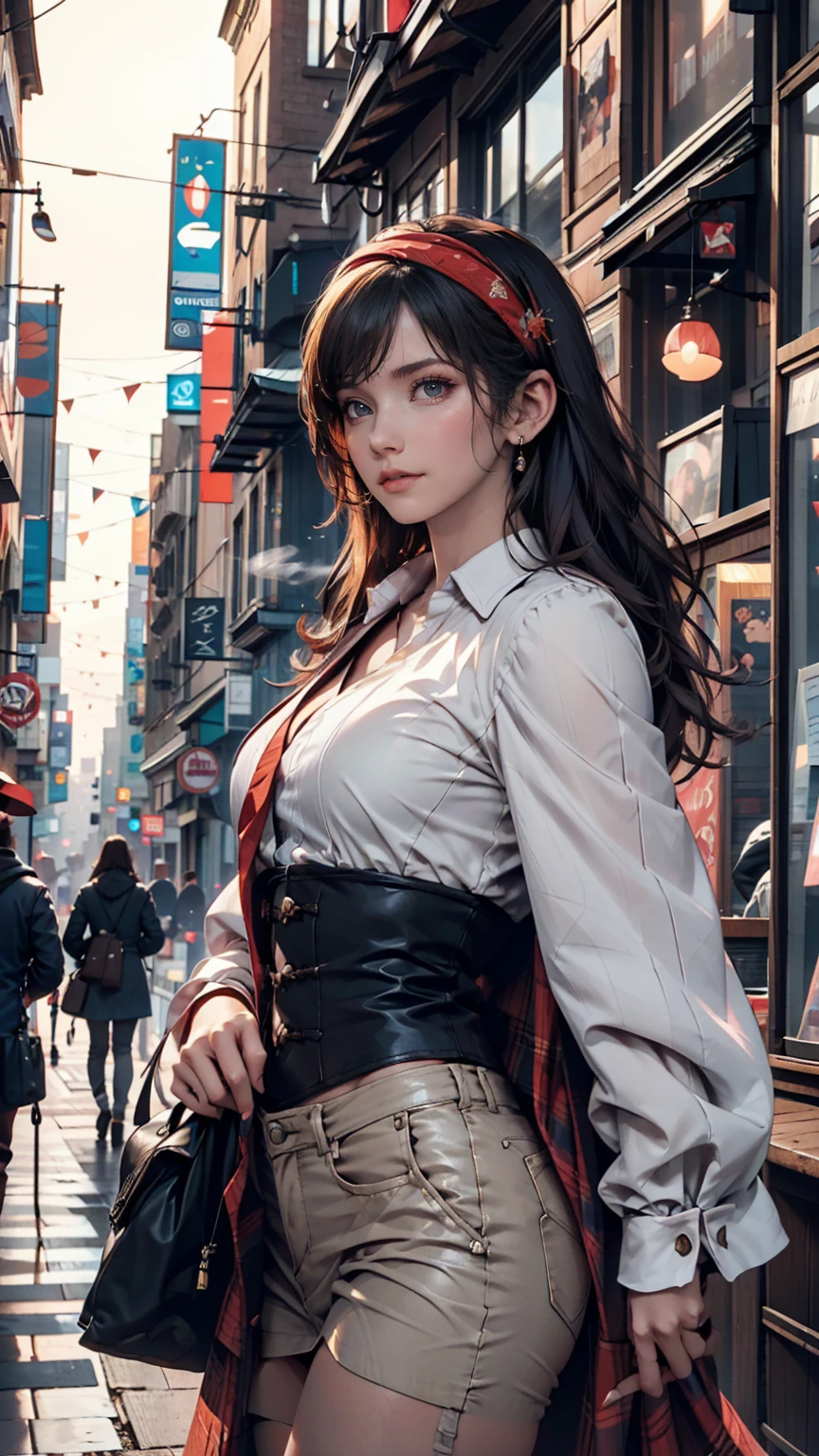 ( (8k:1.27), Highest quality, masterpiece, Ultra-high resolution:1.2) Cute Japanese Women Photos (beautiful:1.1)、Brown Hair、long hair、hair band、blouse with lace embellishments(Sheer)、No sleeve、Bracelet、Navel visible、Low-rise mini pleated skirt、Lace-up sandals、Red nail polish、Red peticure、handbag slung over shoulder、Rome、Spanish Steps