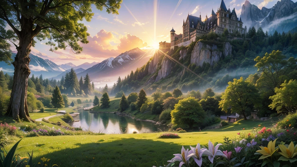 fairytale chateaux with ornamented fantasy garden in a valley with huge dramatic montains in the distance,lawn, deep clear natural pools with  lilies bogwood insects rocks, plants flowers shrubs trees moss lawns grass,sunset and strong sunbeams,very hazy and misty,extreme details,photorealistic,4k,HD,beautiful,nature, dreamy