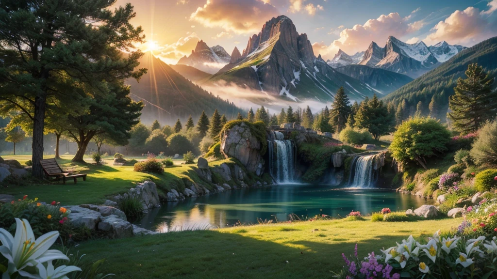 fairytale chateaux with ornamented fantasy garden in a valley with huge dramatic montains in the distance,lawn, deep clear natural pools with lilies bogwood insects rocks, plants flowers shrubs trees moss lawns grass,sunset and strong sunbeams,very hazy and misty,extreme details,photorealistic,4k,HD,beautiful,nature, dreamy