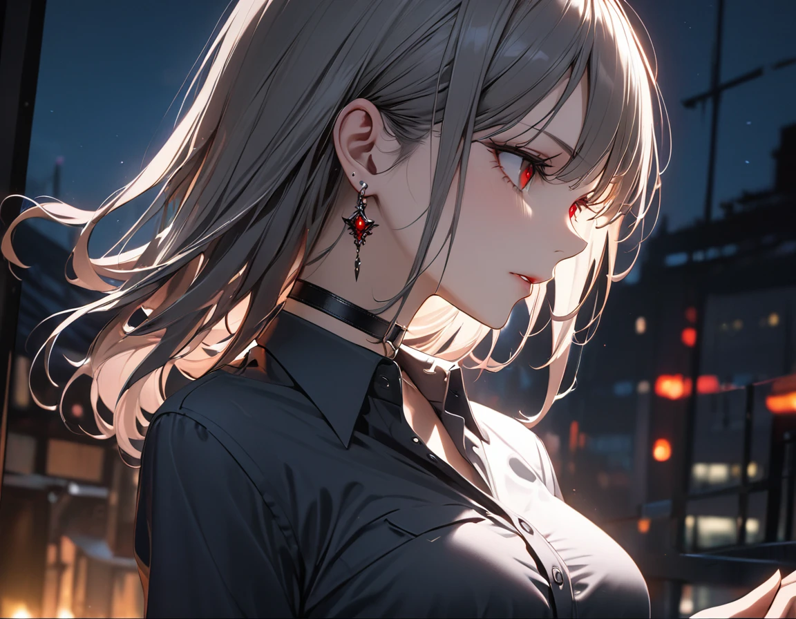 best quality, super_delicate, ultra detailed, beautiful, 8k , 1girl, red eyes, evil, facial profile, business shirt, skirt, earrings, choker, black tights, nikke, night