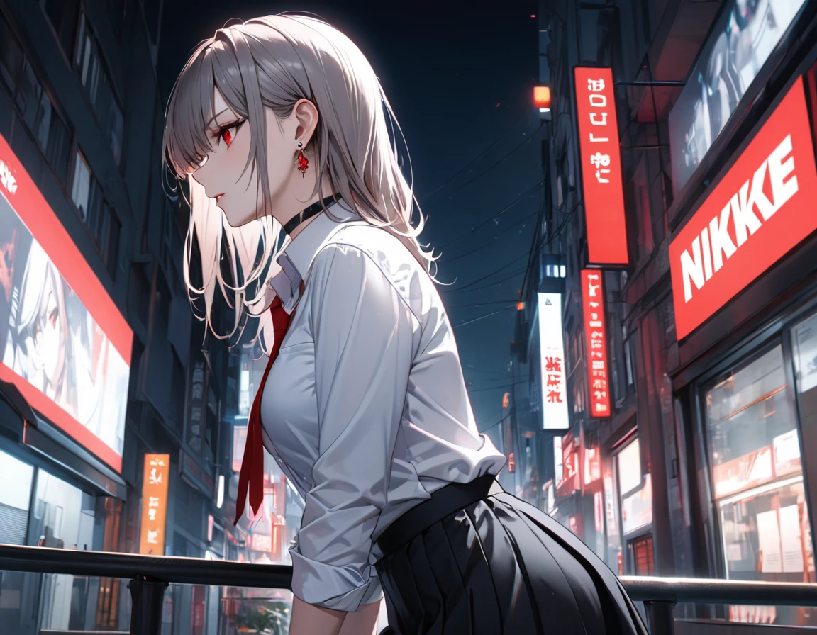 best quality, super_delicate, ultra detailed, beautiful, 8k , 1girl, red eyes, evil, facial profile, business shirt, skirt, earrings, choker, black tights, nikke, night