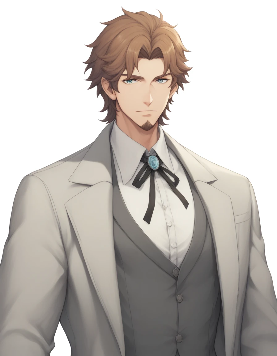 1man, mature male, parted bangs, medium-short hair, brown hair, muscular male celeb, short goatee, short mustache, indigo eyes, gentleman, elegant netori male, dark iris, ideal ratio body proportions, BREAK solo, white collared shirt, gray trench coat, black neck ribbon, upperwaist, BREAK in gentle sasaki style, visual novel, 2010s, extreme all detailed, masterpiece, best quality, BREAK score_9, score_8_up, score_7_up, source_anime, score_6_up, score_5_up, score_4_up