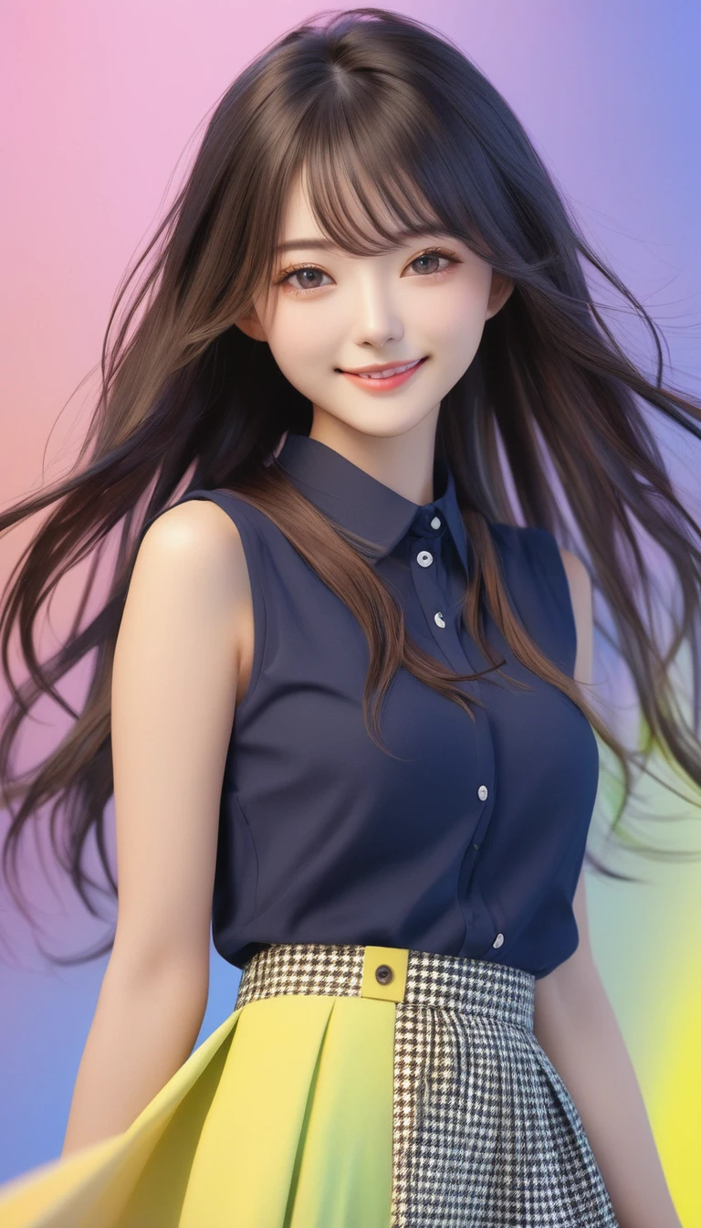 Beautiful Japanese Woman, soft skin and perfect face, A small face with a nose and rosy lips, Beautiful Eyes, Beautiful smile. black, Surrounded by a bright, ethereal glow、Thin, long, beautiful hair. A loose, medium hairstyle with gradation highlights and grey layers, Navy band collar shirt x yellow houndstooth flare skirt, Bright neon colorful background, Hyperrealistic female photos, High quality high resolution 8K masterpiece