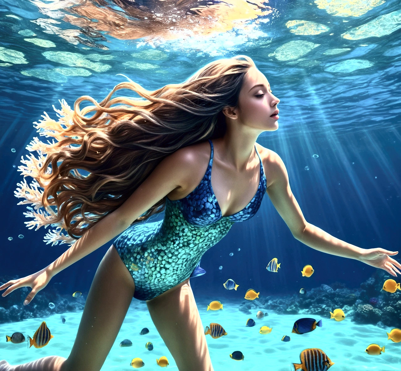 beautiful detailed ocean,underwater seascape,crystal clear water,vibrant blue and teal colors,schools of colorful tropical fish,coral reef,sunlight shimmering on the water,beautiful detailed girl swimming,long flowing hair,graceful underwater poses,realistic photorealistic 8k