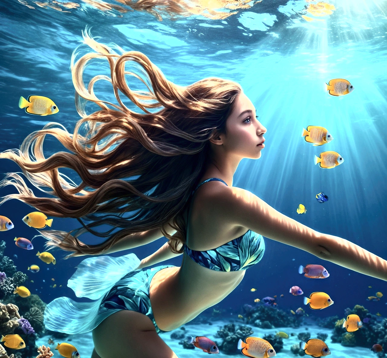 beautiful detailed ocean,underwater seascape,crystal clear water,vibrant blue and teal colors,schools of colorful tropical fish,coral reef,sunlight shimmering on the water,beautiful detailed girl swimming,long flowing hair,graceful underwater poses,realistic photorealistic 8k