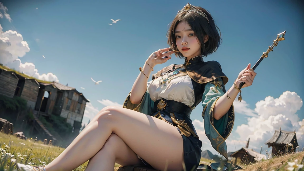 ((best quality))，女孩坐在transportation上，transportation，From below，open mouth，Scepter in hand，have，Large Breasts，The background is grassland，Fat Girl，Fat Face，White，White的，White厚底鞋，Cross your legs，short hair，((masterpiece))，((1 girl))， Lots of details，((Jewelry))，Medieval noble summer clothing, （Nikolai Fehin），(Fechinbu， That&#39;s how they are, ),(fat face:1.2),(fat legs:1.3)