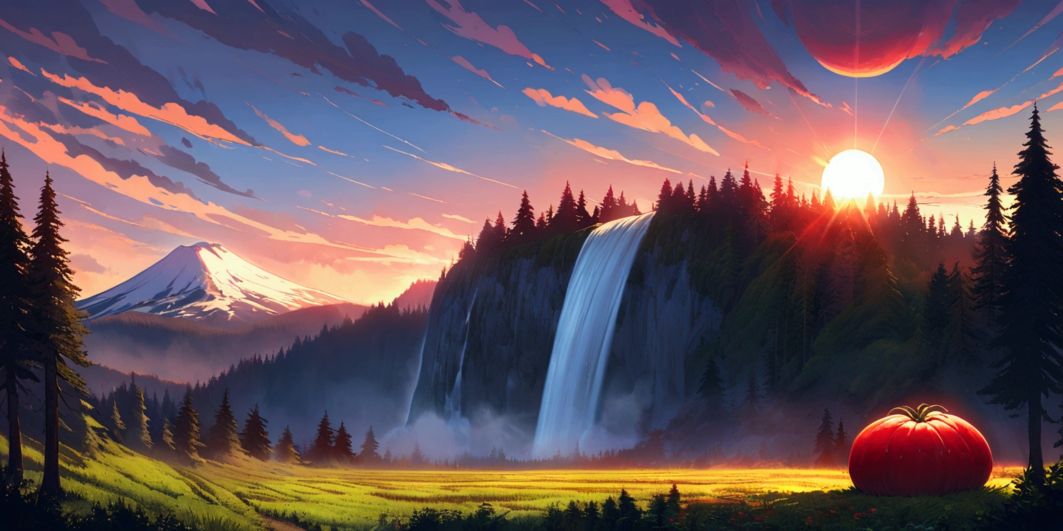 ultra wide landscape flooded with light moebius style, giant tomato, sun, mt hood, waterfall, forest