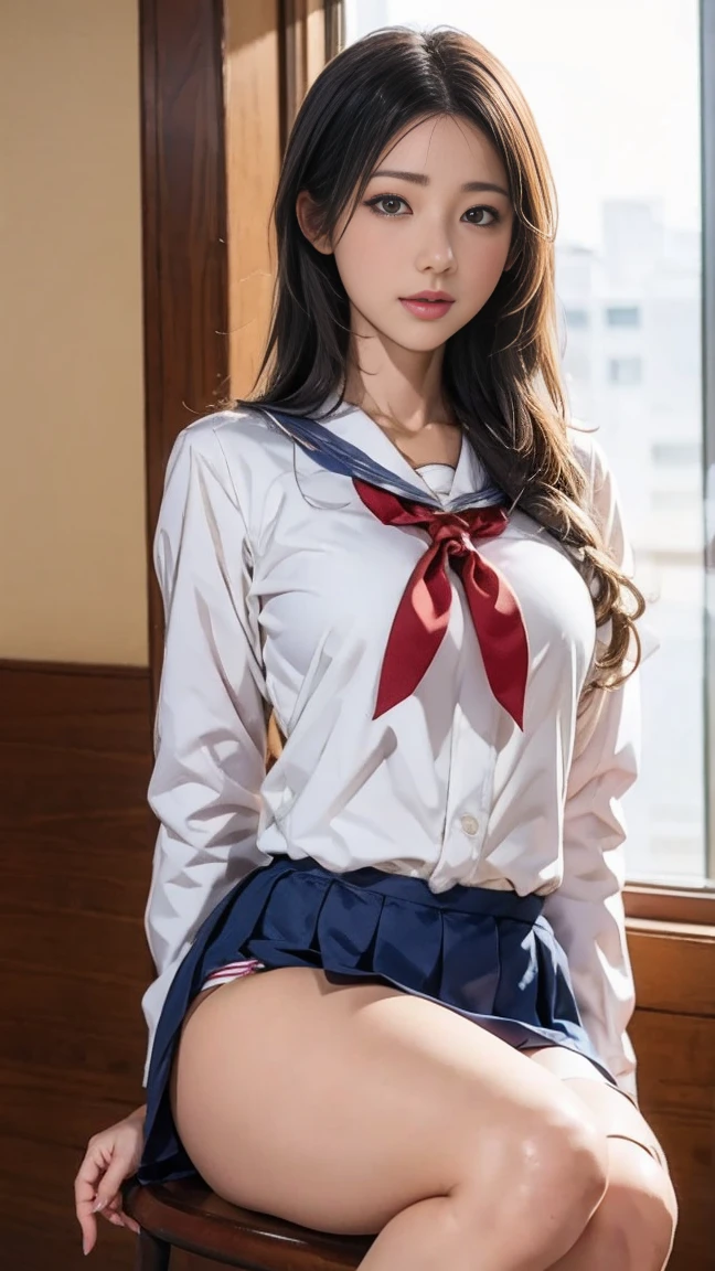 arafed asian woman in a sailor suit sitting on a chair, realistic Young Gravure Idol, Cute school girl, a Surreal school girl, Young and cute gravure idol, Surreal school girl, wearing Japanese , Young Gravure Idol, Japanese girl , Japanese , Young Sensual Gravure Idol, Strike a Pose