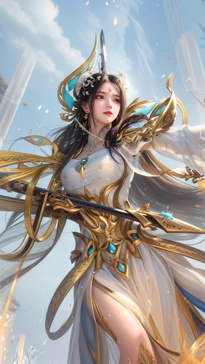 best quality,masterpiece,highres,cg,
1girl,weapon,sword,long hair,dress,water,solo,jewelry,white dress,earrings,hair ornament,splashing,upper body,hair bun,black hair,
lighting,candid,Photograph,high resolution,4k,8k,Bokeh,