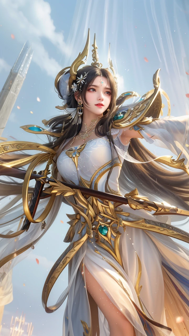 best quality,masterpiece,highres,cg,
1girl,weapon,sword,long hair,dress,water,solo,jewelry,white dress,earrings,hair ornament,splashing,upper body,hair bun,black hair,
lighting,candid,Photograph,high resolution,4k,8k,Bokeh,
