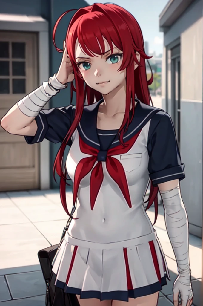 yandere_style, (1girl:1.3),, ultra detailed, masterpiece, best quality, aesthetic, detailed,, ultra detailed, masterpiece, best quality, solo, smirk, 1girl, red hair, teal eyes, bandage on face, bandage arms, long hair, styled hair